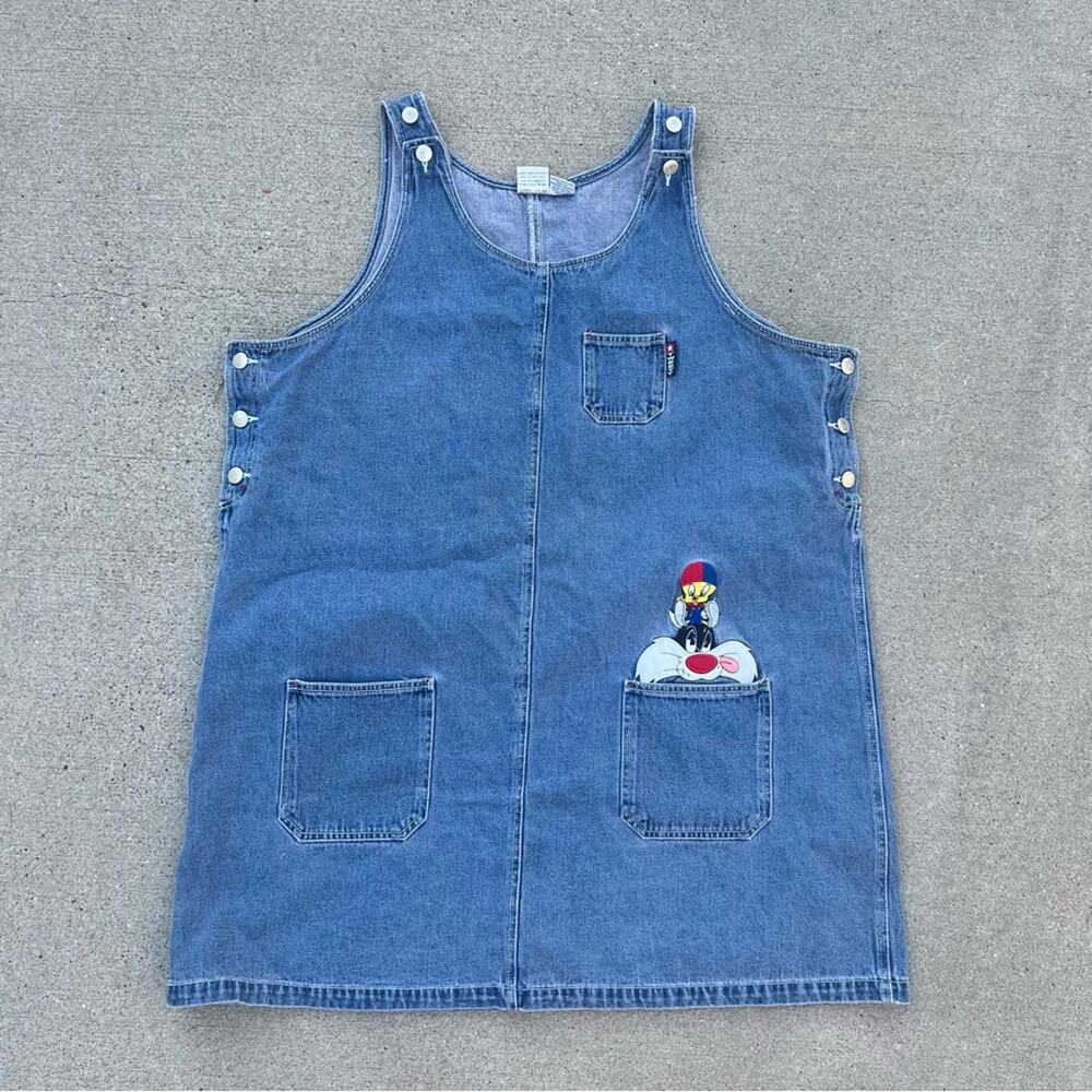 90s Y2K Tweety Bird Sylvester Cat embroidered denim jean jumper dress PLUS 22/24